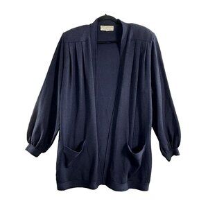 ST JOHN Basic Women Long Line Open Front Sweater Sz M Blue Classic Chic 74-13